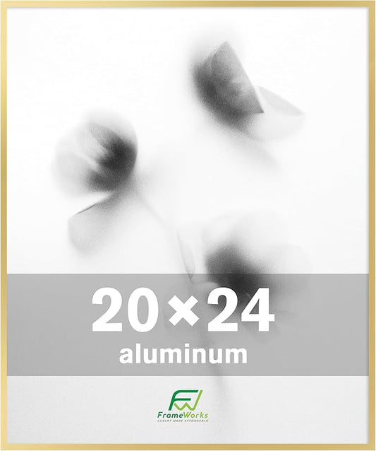 FrameWorks 20x24 Brushed Aluminum Poster Frames – Modern Brushed Metal Design w/Shatterproof Plexiglass, Perfect for Posters, Artwork, Paintings, Wall Displays – Home or Office Decor, Gold - 1 Pack