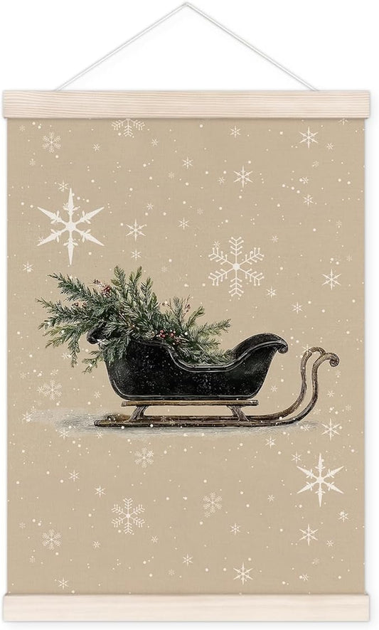 Vintage Christmas Sleigh Poster Hanger with Wood Frame, Neutral Winter Christmas Sleigh Wall Art Decor for Home, Retro Xmas Posters for Bedroom Living Room Decor, 12x16 Inch