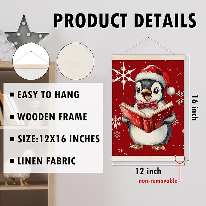 Christmas Penguin Reading Book Poster Hanger with Wood Frame, Winter Christmas Wall Art Decor for Home, Cute Xmas Penguin Bookish Posters for Reading Room Library Classroom Decor, 12x16 Inch