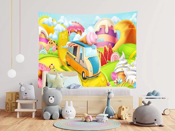 CORFOTO Candyland Wall Tapestry Sweet Cand Wall Hanging Candy Castle Tapestries for Childrens Room Decorations Kids Bedroom Dorm Decor Window Curtain 92Wx70H inches Fabric