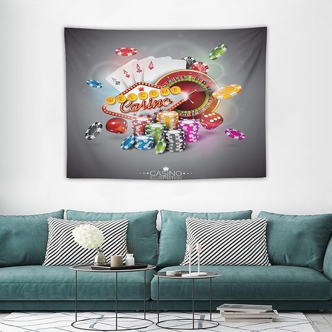 Poker Tournament Tapestry Wall Hanging Casino Colorful Chips And Cards Dice And Roulette Tapestries Home Decor for Living Room Bedroom Farmhouse Apartment Dorm 30"x40"