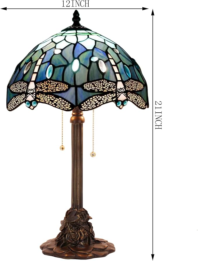Tiffany Stained Glass Table Lamp 12X12X21Inch Resin Base Desk Bedroom Living Room Reading Light (Blue Dragonfly)