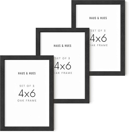 HAUS AND HUES 4x6 Solid Black Oak Frame Set of 3 - Tabletop or Wall Photo Display