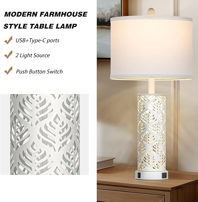 Set of 2 Rustic Table Lamps for Living Room Bedroom, Vintage Farmhouse Nightstand Lamp with 2 USB Ports, Hollow Out Metel Lamp for End Table with Nightlight (White)