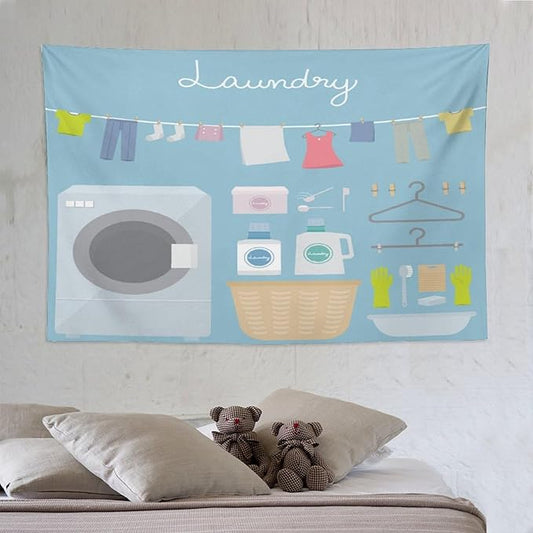 ZhiRain Laundry Room Tapestry Wall Hanging Blue Cartoon Wash Dry Fold Tapestries Home Decor for Living Room Bedroom Farmhouse Apartment Dorm 60"x90"