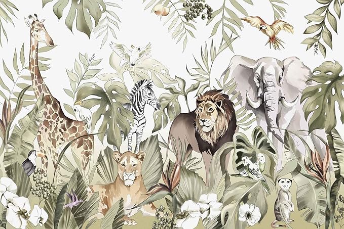 Hand-Painted Beautiful Wall Mural Pattern of Tropical Plants and Various Animals, Large Art Wall Background Wallpaper(Non-self-Adhesive)