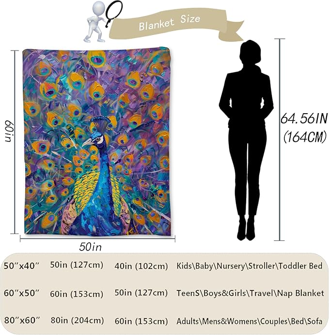 Peacock Blanket - Soft, Cozy, Lightweight Flannel Throw Blankets for Couch, Bed, Oil Painting Design, Fluffy Decor Perfect for Outdoor Use and Home Decor, for Adults Women Girls 60×50 in