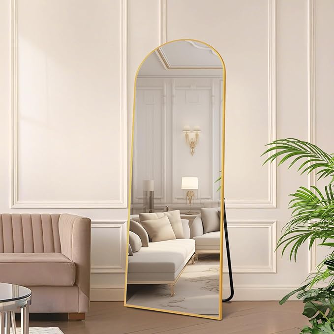 64"x21" Full Length Mirror with Stand, Shatterproof Arched Floor Mirror, Aluminum Alloy Thin Frame - Freestanding/Leaning/Wall Mount for Bedroom, Living Room & Entryway (Gold)