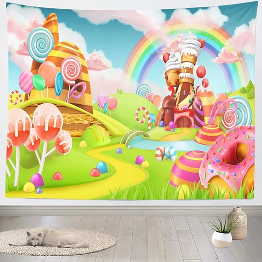 CORFOTO Candyland Wall Tapestry Sweet Cand Wall Hanging Macaron Lollipop Paradise Rainbow Tapestries for Childrens Room Decorations Kids Bedroom Dorm Decor Window Curtain 60Wx40H inches Fabric