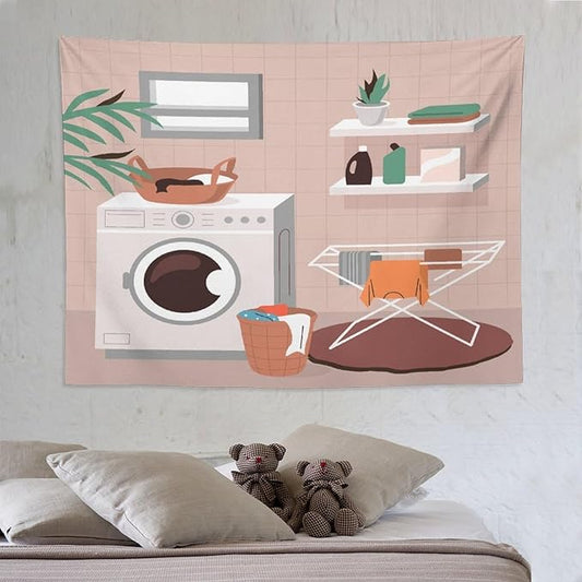 ZhiRain Laundry Tapestry Wall Hanging Laundry Room Wash Dry Fold Repeat Tapestries Home Decor for Living Room Bedroom Farmhouse Apartment Dorm 60"x80"