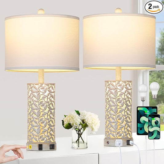 Morden Farmhouse Table Lamps Set of 2, Touch Control Bedside lamp with 2 USB Ports & AC Outlet,Vintage Nightstand Lamp with Nightlight for Bedroom Living Room Entryway,White
