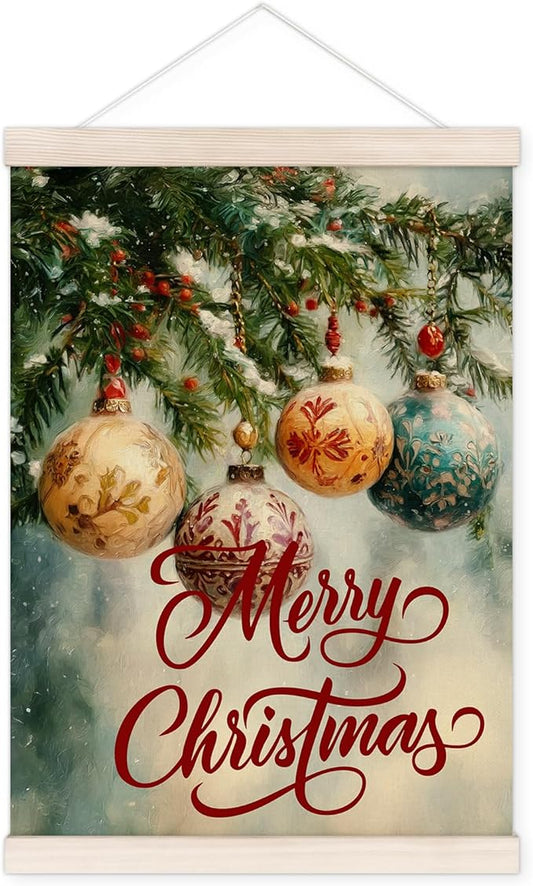 Merry Christmas Poster Hanger with Wood Frame, Winter Christmas Ornaments Bauble Ball Wall Art Decor for Home, Cottagecore Winter Xmas Posters for Bedroom Living Room Decor, 12x16 Inch