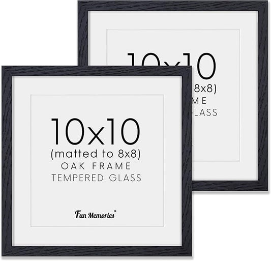 10x10 Picture Frame Set of 2, Solid Oak Wood Frame 10 x 10, 10 by 10 Wood Frames for Wall, 10x10 Picture Frame with Mat for 8x8, Square 10"x10" Photo Frames Real Glass, Black Color, 2 Pack