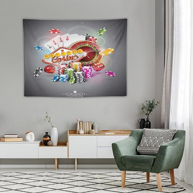 Poker Tournament Tapestry Wall Hanging Casino Colorful Chips And Cards Dice And Roulette Tapestries Home Decor for Living Room Bedroom Farmhouse Apartment Dorm 30"x40"