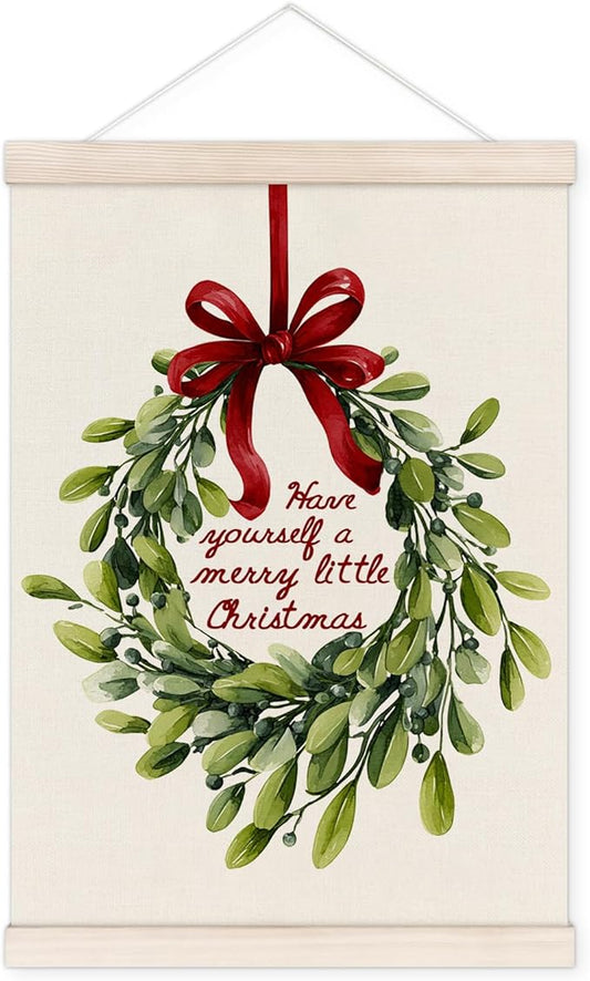 Winter Christmas Wreath Poster Hanger with Wood Frame, Winter Christmas Holiday Wall Art Decor for Home, Preppy Red Bow Xmas Wreath Posters for Bedroom Living Room Decor, 12x16 Inch