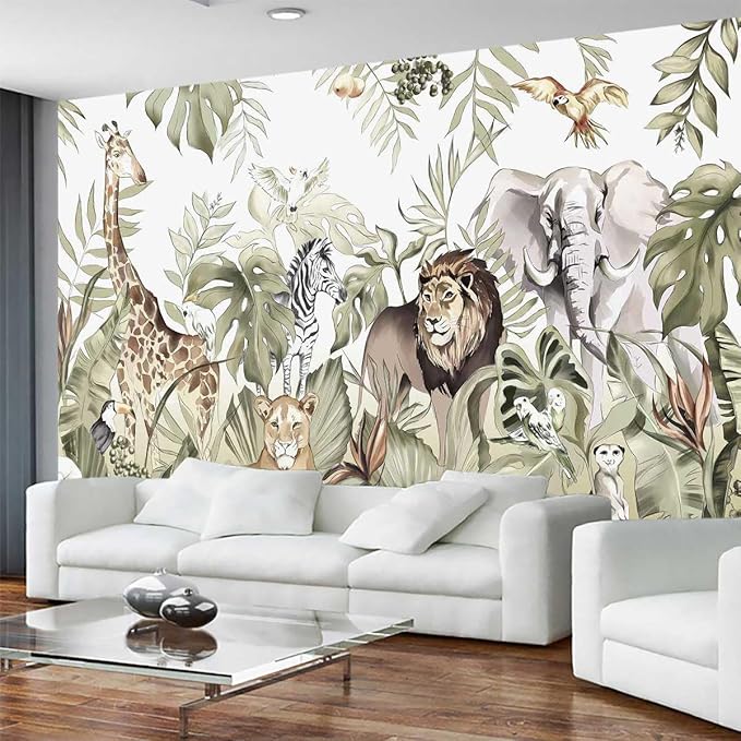 Hand-Painted Beautiful Wall Mural Pattern of Tropical Plants and Various Animals, Large Art Wall Background Wallpaper(Non-self-Adhesive)