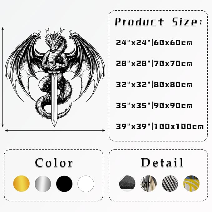 Eliauk Metal Dragon Wall Decor, Dragon With Sword Metal Wall Art, West Dragon Metal Wall Hanging, Unique Wall Decor, Mythology Wall Art, Modern Room Wall Art, Home Wall Decor (Gold, 32"x32"|80x80cm)