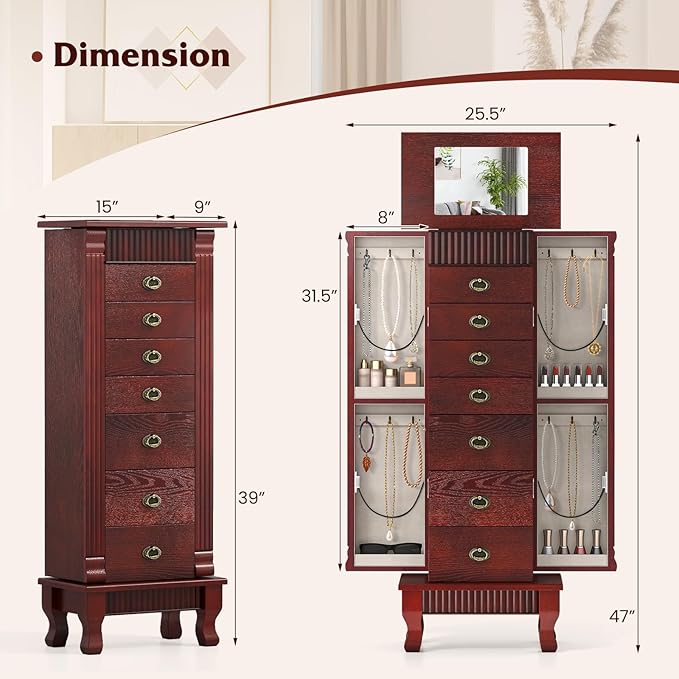 Giantex Standing Jewelry Cabinet with 7 Drawers, Flip-Top Mirror, 2 Side Doors with 12 Necklace Hooks, Divided Ring Compartments, Velvet-Lined Jewelry Armoire Organizer Chest (Cherry)
