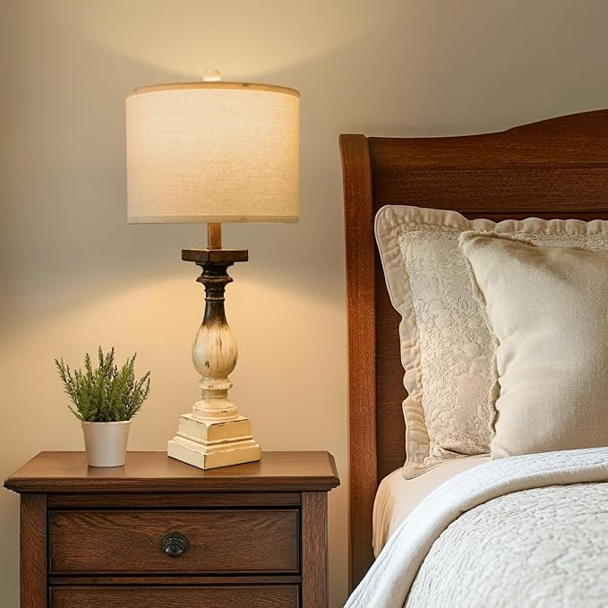 BOBOMOMO 27" Farmhouse Table Lamps with USB-A +C Ports, Vintage Rustic Side Table Lamps Set of 2, Linen Shade, Retro Bedside Night Stand Lamps for Living Room, Bedroom, Office, Home Decor