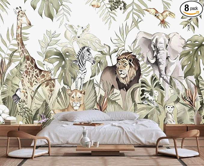 Hand-Painted Beautiful Wall Mural Pattern of Tropical Plants and Various Animals, Large Art Wall Background Wallpaper(Non-self-Adhesive)