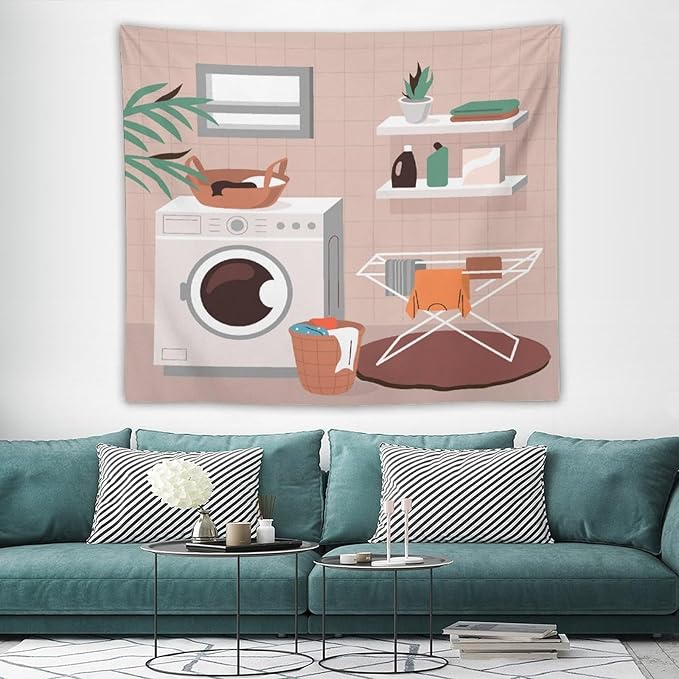 ZhiRain Laundry Tapestry Wall Hanging Laundry Room Wash Dry Fold Repeat Tapestries Home Decor for Living Room Bedroom Farmhouse Apartment Dorm 50"x60"