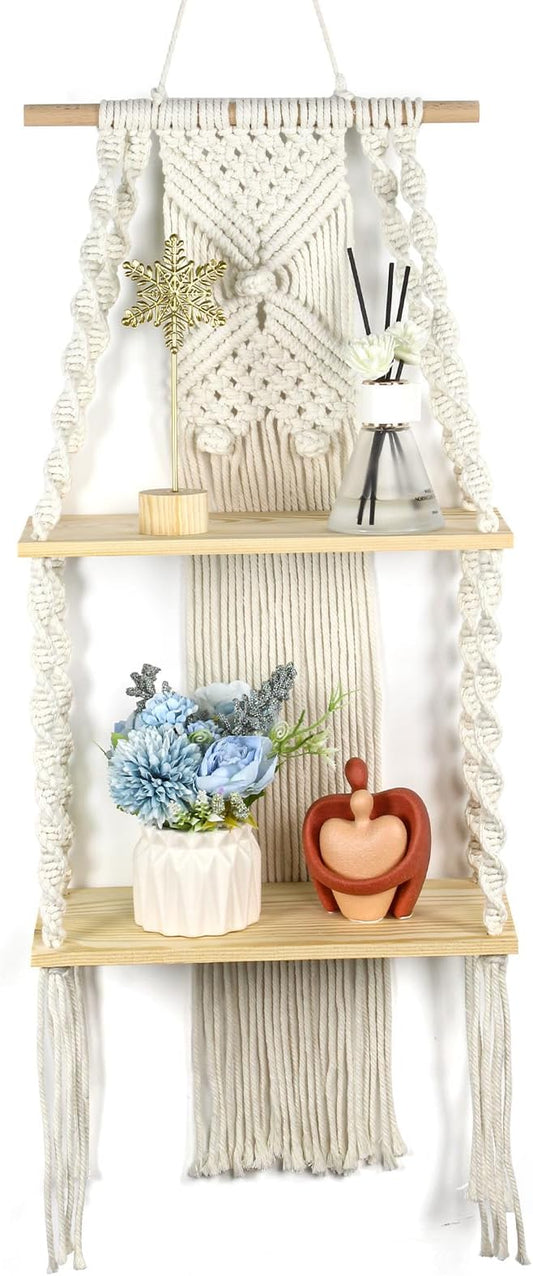 JONKASIPA Macrame Wall Hanging Shelf 2 Tier Boho Wall Plant Hanger Shelves Handmade of Woven Rope Artistic Wall Decorations for Apartments, Dormitories, Living Rooms, Bedrooms, Backdrops