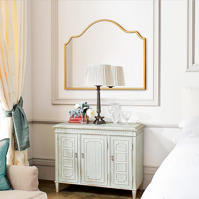 Chende Gold Arched Mirror, Large Wall Mirror for Fireplace Decor with Wooden Frame, 40'' x 28'' Elegant Decorative Mirror for Living Room, Dining Room, Entryway