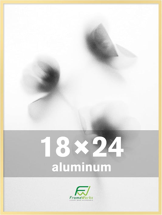 FrameWorks 18x24 Brushed Aluminum Poster Frames – Modern Brushed Metal Design w/Shatterproof Plexiglass, Perfect for Posters, Artwork, Paintings, Wall Displays – Home or Office Decor, Gold - 1 Pack