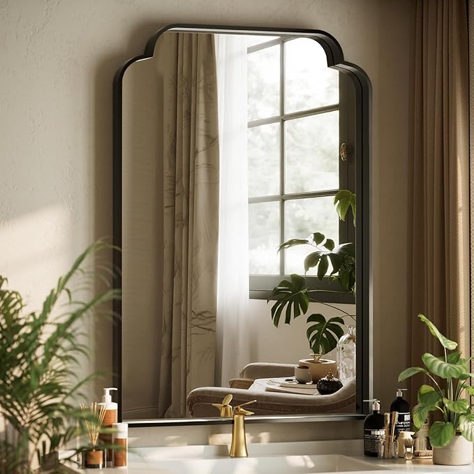 GLSLAND 30"x48" Black Petal Arch Bathroom Mirror Wall Mounted Vanity Scalloped Mirror for Over Sink Modern Decorative Arched Wall Mirror - for Bedroom Living Room Entryway