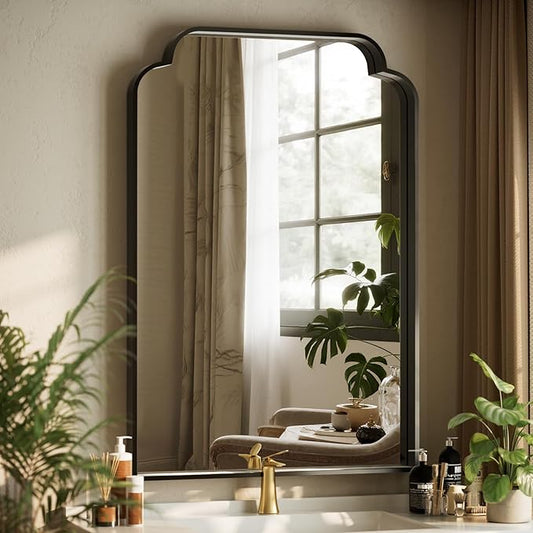 GLSLAND 30"x48" Black Petal Arch Bathroom Mirror Wall Mounted Vanity Scalloped Mirror for Over Sink Modern Decorative Arched Wall Mirror - for Bedroom Living Room Entryway