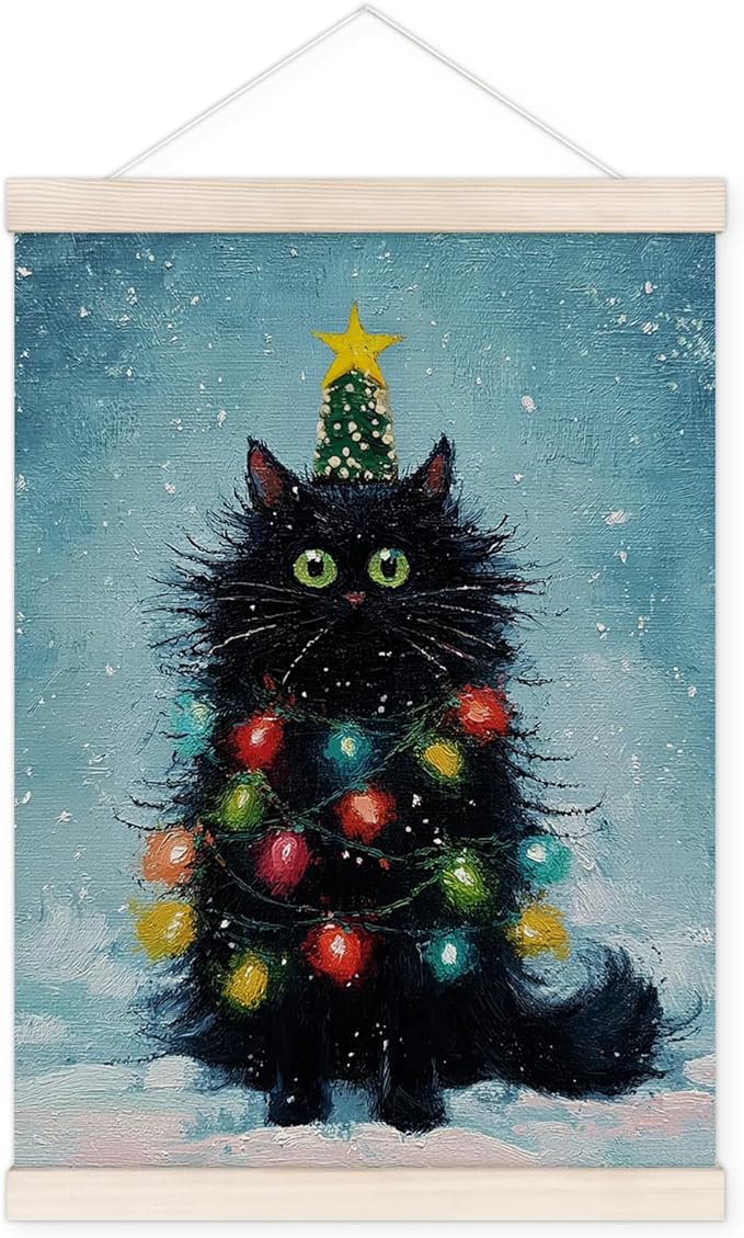 Black Cat Christmas Poster Hanger with Wood Frame, Funny Christmas Winter Wall Art Decor for Home, Cute Black Cat Xmas Tree Holiday Posters for Bedroom Living Room Decor, 12x16 Inch