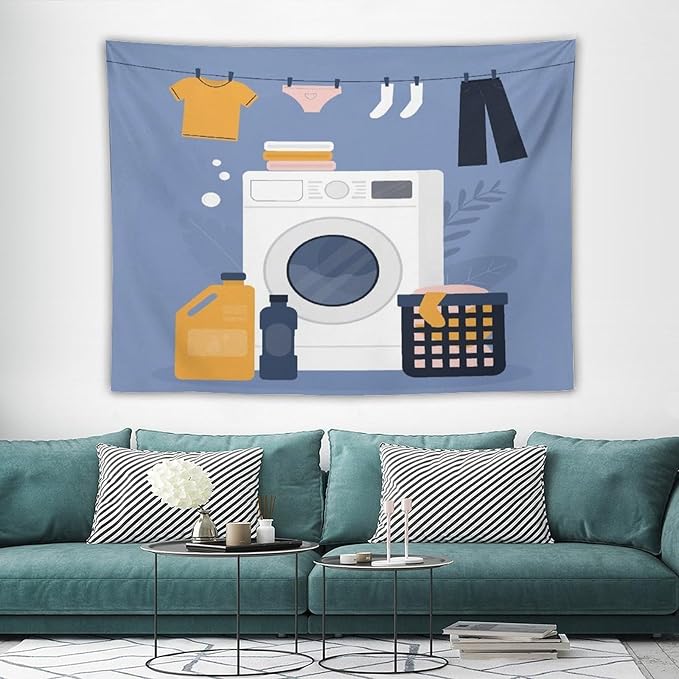 ZhiRain Laundry Room Tapestry Wall Hanging Simple Drawn Wash Dry Fold Repeat Tapestries Home Decor for Living Room Bedroom Farmhouse Apartment Dorm 60"x80"