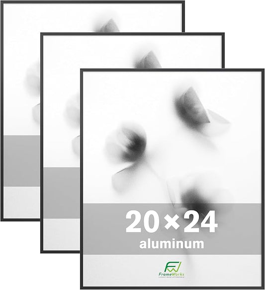 FrameWorks 20x24 Brushed Aluminum Poster Frames – Modern Brushed Metal Design w/Shatterproof Plexiglass, Perfect for Posters, Artwork, Paintings, Wall Displays – Home or Office Decor, Black - 3 Pack