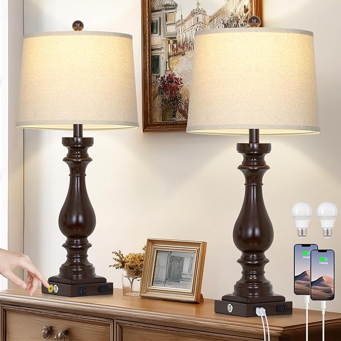 29" Tall Farmhouse Table Lamp for Living Room Set of 2,Vintage Retro Nightstand Lamps with USB C+A Ports & AC Outlet,3-Way Dimmable Touch Bedside Lamp for Bedroom Side Table,Dark Brown