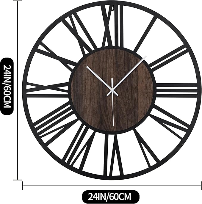 LEIKE Large Wall Clocks for Living Room,Silent,Non Ticking,Battery Operated Oversized Vintage Round Modern Wood Wall Clock for Bedroom,Farmhouse,Office Home Decor-24 Inch(Black-Roman Numerals)