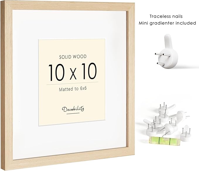 10x10 Picture Frame Made with Solid Wood Set of 3, Display 6x6 with Mat or 10x10 without Mat, Wall Gallery Frame Set with Tempered Real Glass, Tabletop or Wall Mounting Display (3 Pack of Oak)