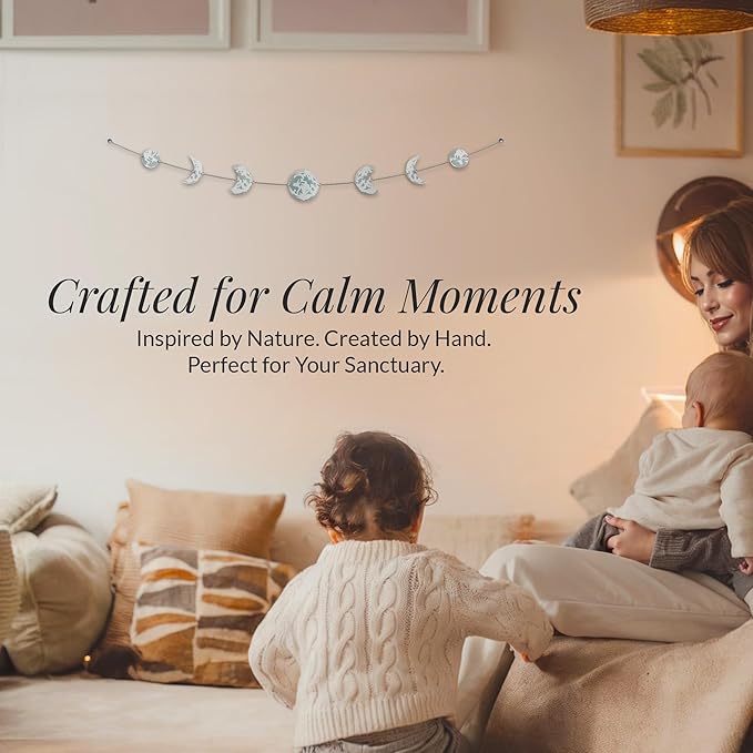 BASE ROOTS Moon Phase Wall Decor, White Gray Wall Art for Bedroom, Bohemian and Astrology, Witchy Aesthetic 34" 7 Phases Metal Moon Wall Banner, Celestial Decoration, Gift for Women & Kids