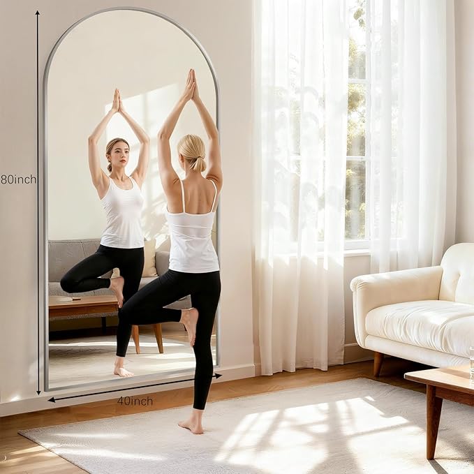 Oversized Full Length Mirror, 40"x80" Large Arched Floor Mirror Full Length with Stand, Room Decor Big Full Body Mirror with HD Tempered Glass Aluminum Frame for Bedroom Living Room, Silver
