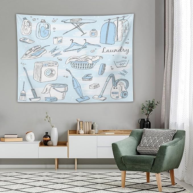 ZhiRain Laundry Room Tapestry Wall Hanging Blue Laundry Theme Tapestries Home Decor for Living Room Bedroom Farmhouse Apartment Dorm 60"x80"