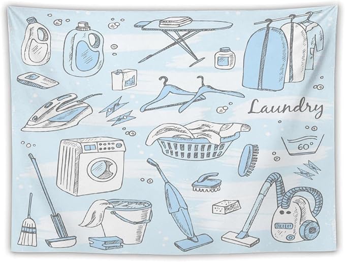 ZhiRain Laundry Room Tapestry Wall Hanging Blue Laundry Theme Tapestries Home Decor for Living Room Bedroom Farmhouse Apartment Dorm 60"x80"