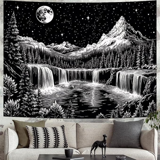 Leofanger Black and White Tapestry Starry Night Mountain Tapestry Aesthetic Moon Wall Tapestries Galaxy Space Tapestries Wall Hanging for Home Decor(70.8"x92.5")