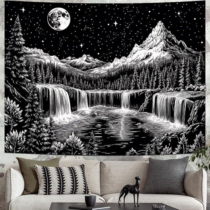 Leofanger Black and White Tapestry Starry Night Mountain Tapestry Aesthetic Moon Wall Tapestries Galaxy Space Tapestries Wall Hanging for Home Decor(59.1"x78.7")