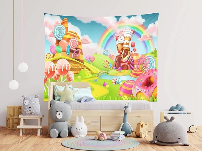 CORFOTO Candyland Wall Tapestry Sweet Cand Wall Hanging Macaron Lollipop Paradise Rainbow Tapestries for Childrens Room Decorations Kids Bedroom Dorm Decor Window Curtain 80Wx60H inches Fabric