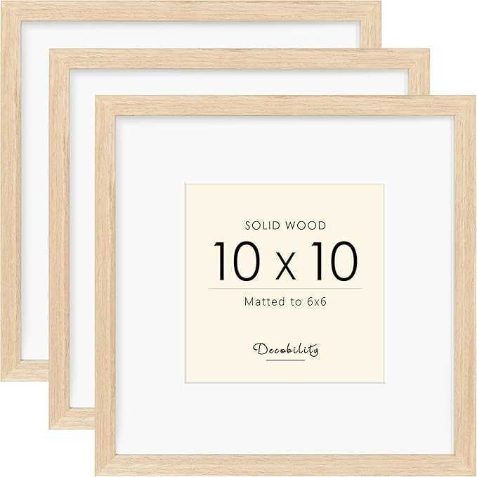 10x10 Picture Frame Made with Solid Wood Set of 3, Display 6x6 with Mat or 10x10 without Mat, Wall Gallery Frame Set with Tempered Real Glass, Tabletop or Wall Mounting Display (3 Pack of Oak)