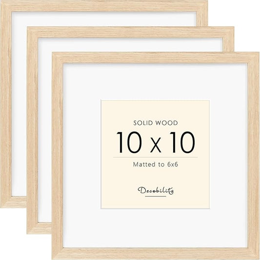 10x10 Picture Frame Made with Solid Wood Set of 3, Display 6x6 with Mat or 10x10 without Mat, Wall Gallery Frame Set with Tempered Real Glass, Tabletop or Wall Mounting Display (3 Pack of Oak)