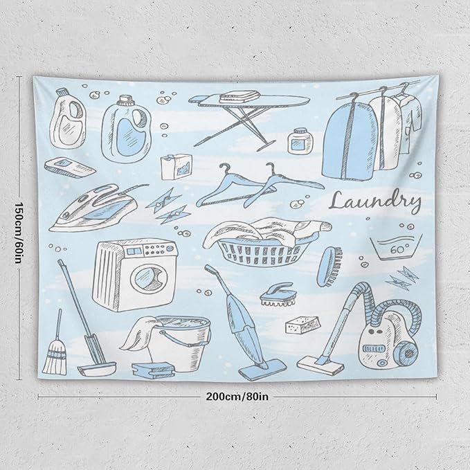 ZhiRain Laundry Room Tapestry Wall Hanging Blue Laundry Theme Tapestries Home Decor for Living Room Bedroom Farmhouse Apartment Dorm 60"x80"