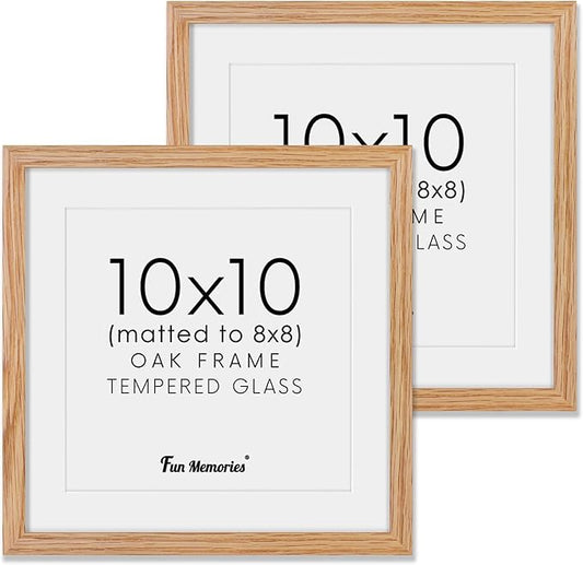 10x10 Picture Frame Set of 2, Solid Oak Wood Frame 10 x 10, 10 by 10 Wood Frames for Wall, 10x10 Picture Frame with Mat for 8x8, Square 10"x10" Photo Frames Real Glass, Natural Oak Color, 2 Pack