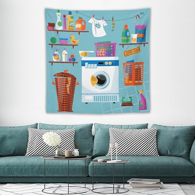 ZhiRain Laundry Room Tapestry Wall Hanging Wash Dry Fold Repeat Theme Print Tapestries Home Decor for Living Room Bedroom Farmhouse Apartment Dorm 60"x60"