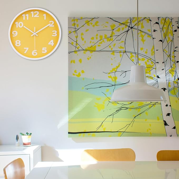 10 Inch Yellow Wall Clock with 3D Big Numbers, Modern Round Silent Non-Ticking Clock, Easy to Read for Kitchen & Office, Bright Housewarming Gifts for Home Decor