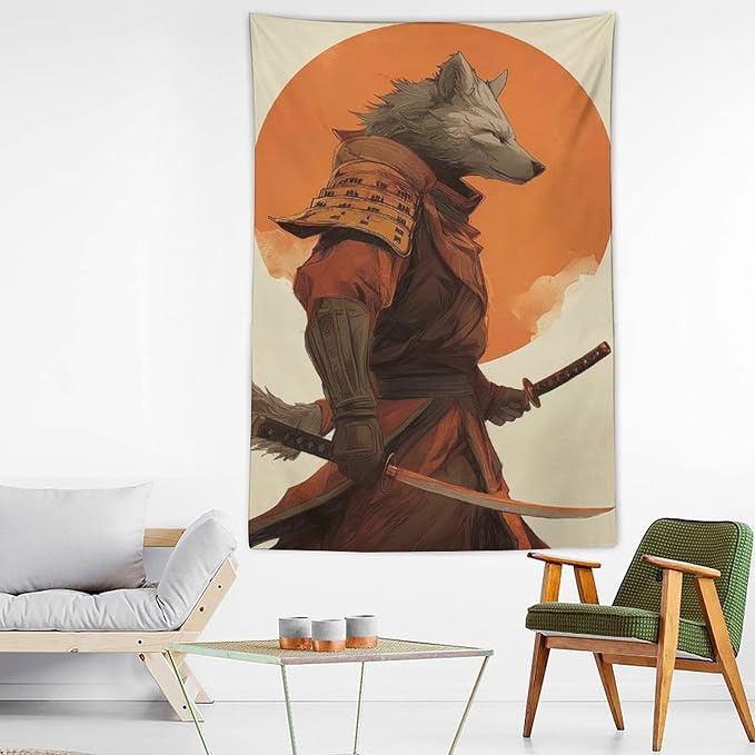 JYOUQOC Wolf Samurai Tapestry Large Wall Art Decor Wall Hanging Flag Backdrop for Living Room Dorm Office Bedroom 60"×90"